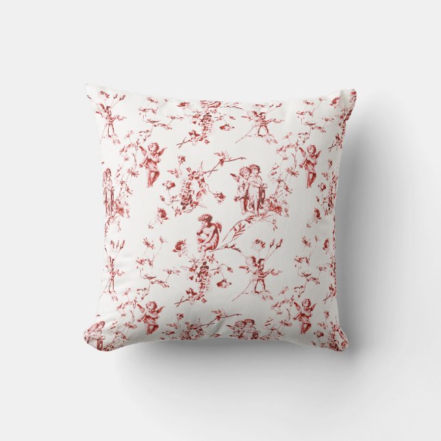 Coussin Elégant Vintage Cupid Angels Fleurs Toile Rouge (Recto)