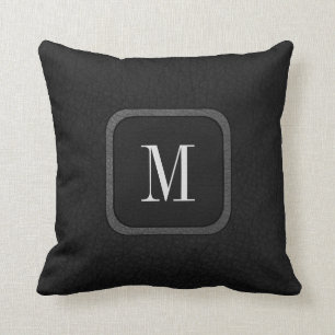 Coussin Élégant Vintage en cuir  noir Monogramme gris