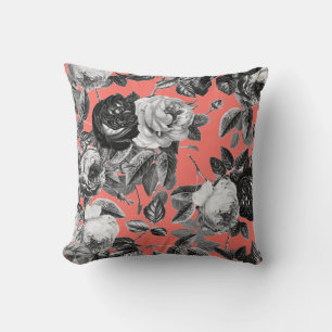 Coussin Élégant Vintage noir blanc Rose corail rose