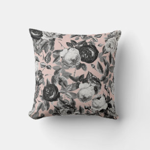 Coussin Élégant Vintage noir blanc Rose or rose