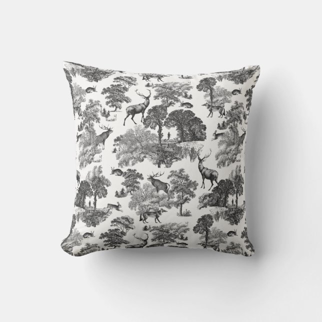 Coussin Elégant Vintage noir blanc toile Motif cerf (Recto)