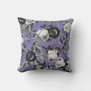 Coussin Élégant Vintage noir Roses Périwinkle bleu