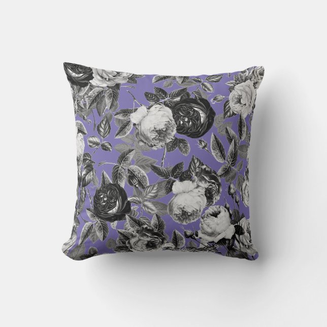 Coussin Élégant Vintage noir Roses Périwinkle bleu (Recto)