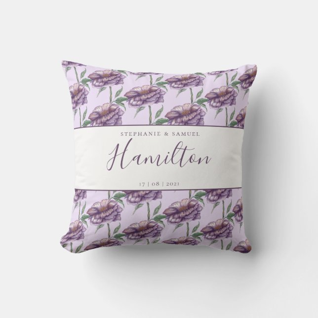 Coussin Elégant violet Mariage Floral Anniversaire Cadeau (Recto)