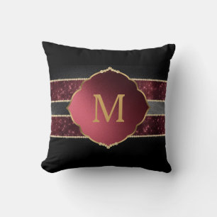 Coussin Élégant violet noir rayures or Monogramme