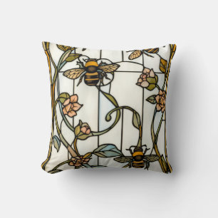 Coussin Élégant vitrail botanique art nouveau abeille