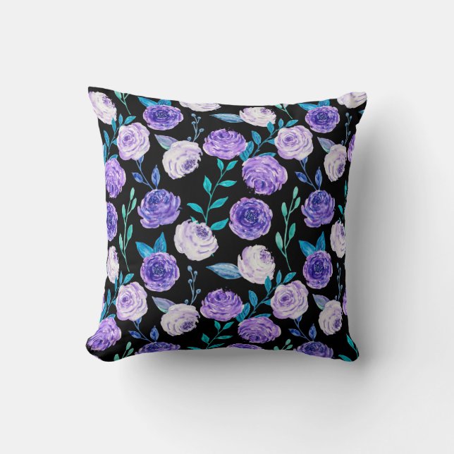 Coussin Elegant Watercolor Purple Floral Bouquet | (Recto)