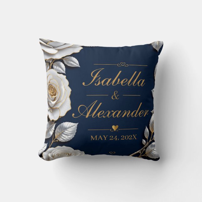 Coussin Elegant White and Gold Rose on Navy Blue  (Recto)