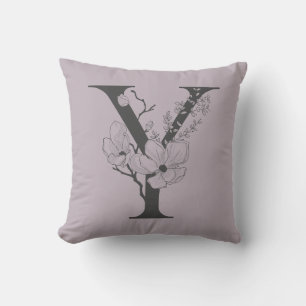 Coussin Élégant Y Boho Floral Monogramme Initial Lilac Gri