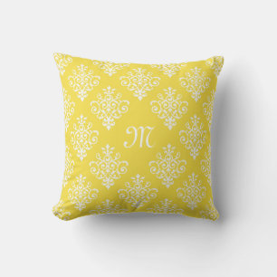 Coussin Élégant Yellow Damask Lumineux Avec Monogramme Fil