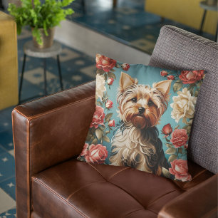Coussin Elégant Yorkshire Terrier Portrait Rose Garden