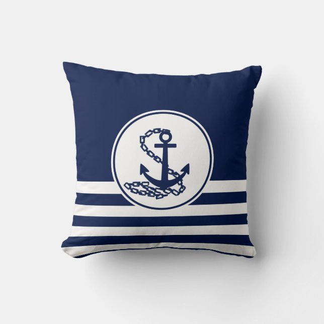 Coussin Elégante Ancre de style maritime bleu et blanc (Recto)
