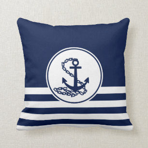 Coussin Elégante Ancre de style maritime bleu et blanc