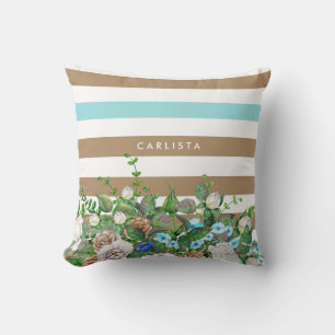 Coussin Elégante Aqua et Tan Floral et des rayures avec no