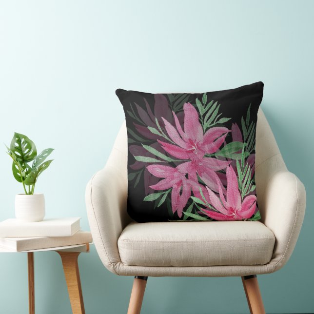 Coussin Elégante Aquarelle Florale Boho Rose Et Noir (Chaise)