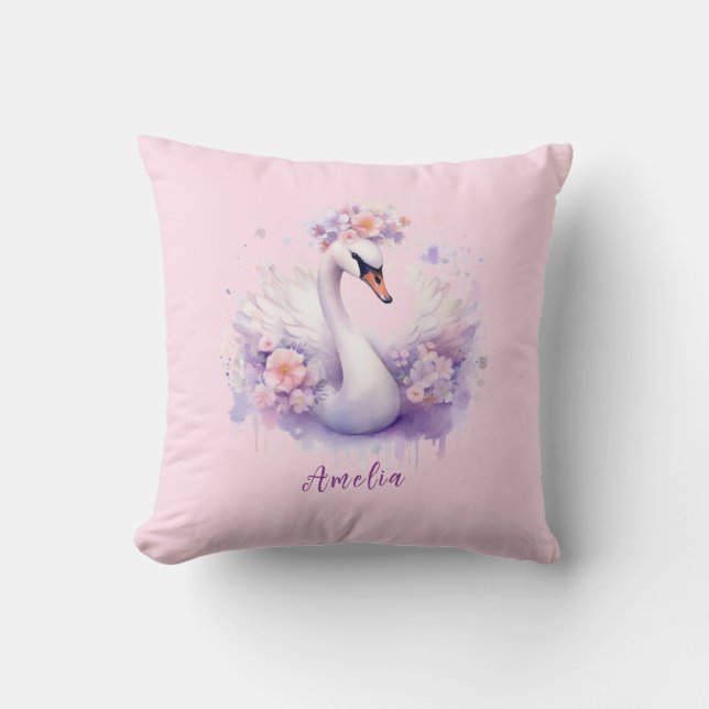 Coussin Elégante aquarelle florale rose cygne fille cadeau (Recto)