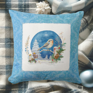Coussin Elégante aquarelle hiver Neige Oiseau bleu Noël