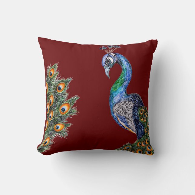 Coussin Elégante aquarelle Peacock Bourgogne (Recto)
