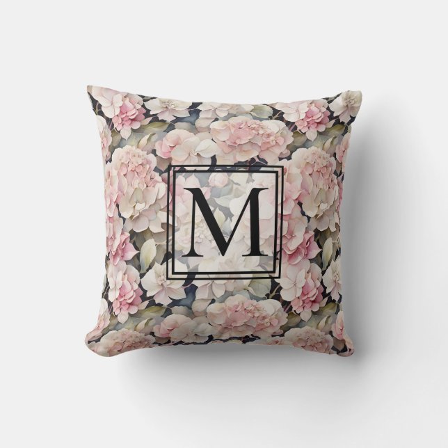 Coussin Elégante aquarelle rose hydrangées florales (Recto)