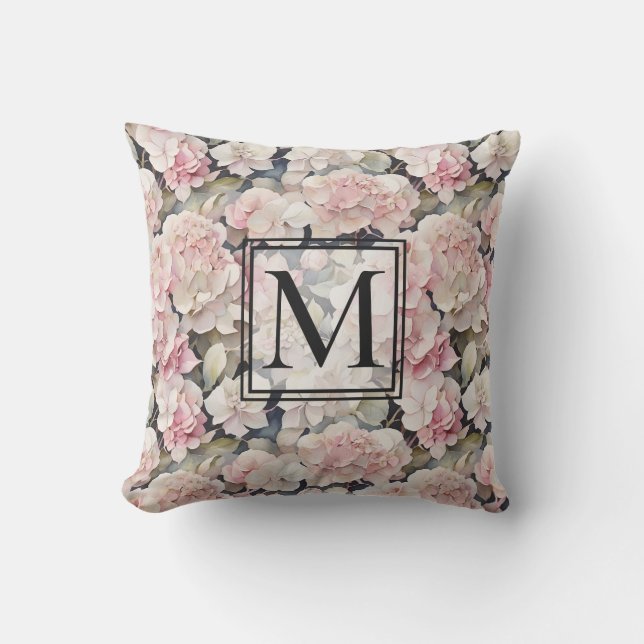 Coussin Elégante aquarelle rose hydrangées florales (Recto)