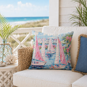 Coussin Elégante aquarelle rose voiliers Côtier tropical