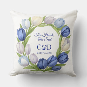 Coussin Elégante aquarelle Tulipe Mariage de couronne bleu