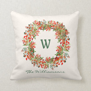 Coussin Elégante aquarelle verte Wreath Monogramme personn