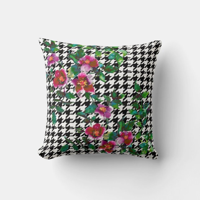 Coussin Elégante aquarelle vintage rose roses houndstooth (Recto)