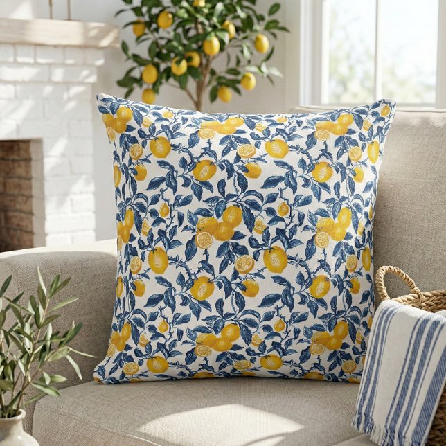 Coussin Élégante botanique méditerranéenne au citron (Elegant mediterranean lemon  botanical pattern throw pillow)