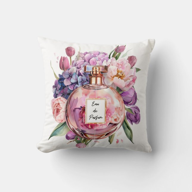 Coussin Elégante Bouteille de Parfum Aquarelle avec Fleurs (Recto)