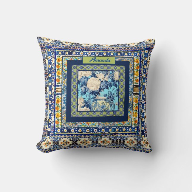 Coussin Élégante chine à carreaux bleu floral note monogra (Recto)