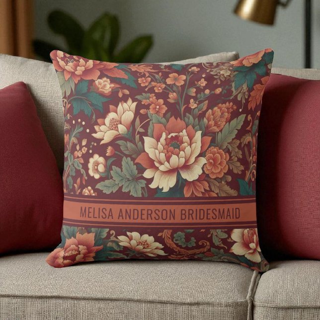 Coussin Élégante Chinoiserie Bourgogne Floral Bridesmaid (Créateur téléchargé)