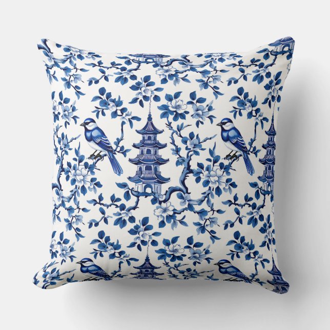 Coussin Elégante Chinoiserie Pagode et Oiseaux (Recto)