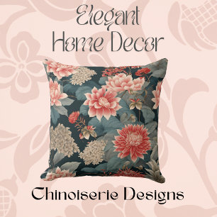 Coussin Élégante Chinoiserie Turquoise Peach Florals