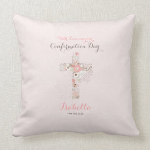 Coussin Elégante confirmation rose pâle nom croisé floral