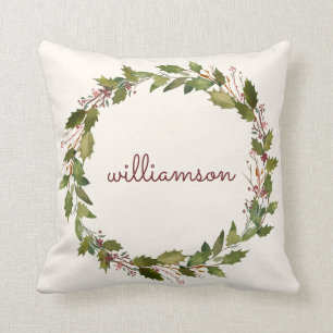 Coussin Élégante couronne de Noël personnalisée Script Vin