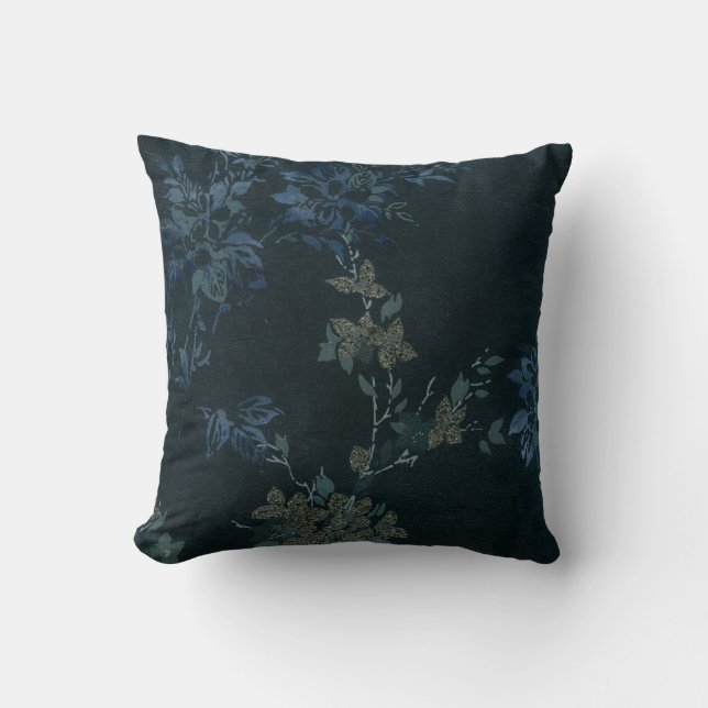 COUSSIN ÉLÉGANTE COUSSURE FLORALE BLEU NOIR (Recto)