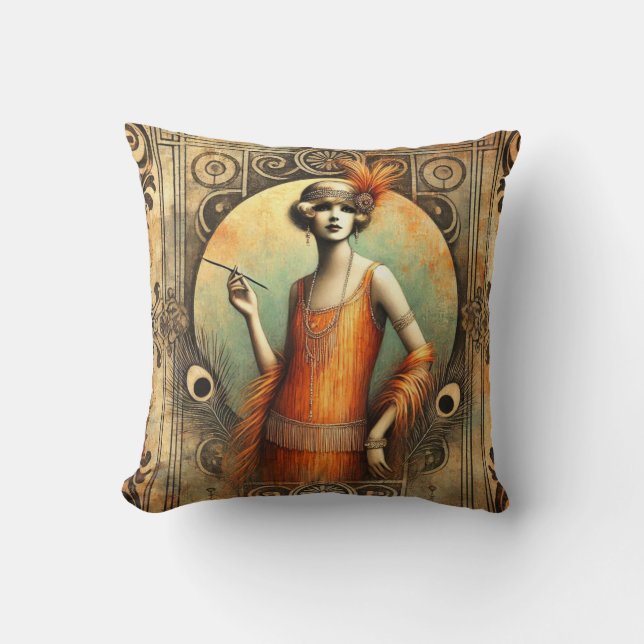 Coussin Élégante dame en effigie dans une robe orange, Art (Recto)