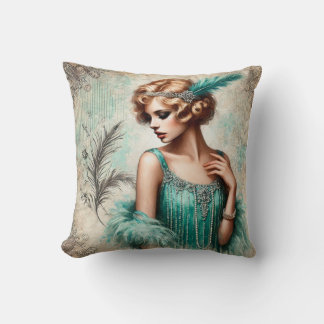 Coussin Élégante dame en effigie dans une robe turquoise,