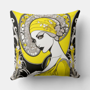 Coussin Elégante Dame Jaune & Noir Art Nouveau
