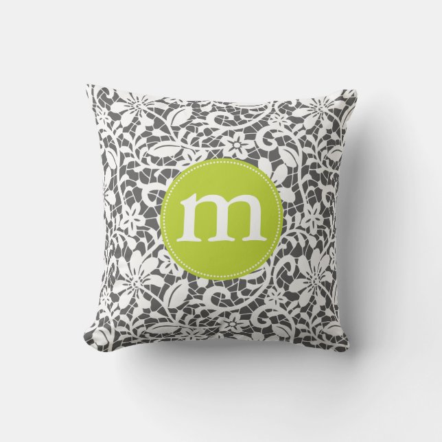Coussin Élégante dentelle rétro charbon de bois Monogramme (Recto)