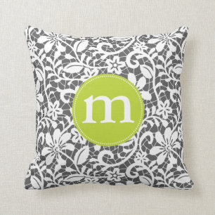 Coussin Élégante dentelle rétro charbon de bois Monogramme