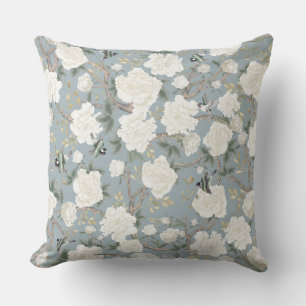 Coussin Elégante Dusty Bleu Blanc Chinoiserie Fleurs Oisea