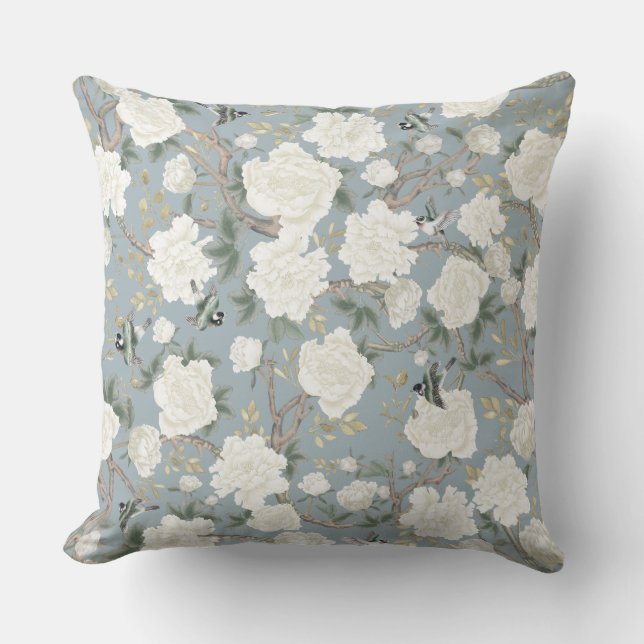 Coussin Elégante Dusty Bleu Blanc Chinoiserie Fleurs Oisea (Recto)