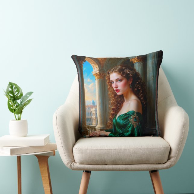 Coussin Élégante femme de la Renaissance en robe verte (Chaise)