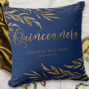 Coussin Elégante feuille d'or bleu Quinceanera personnalis
