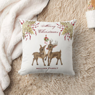 Coussin Elégante feuille d'or et baies rouges Noël des cer