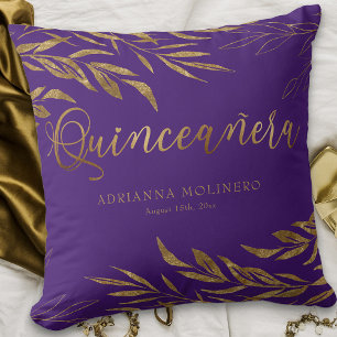 Coussin Elégante feuille d'or violet personnalisé Quincean