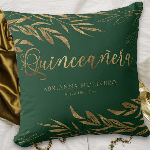 Coussin Elégante feuille verte or Quinceanera personnalisé