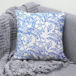 Coussin Élégante Fleur Bleue Imprimée sur Fond Blanc